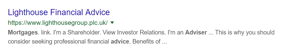 Screenshot of bad meta description for "mortgage adviser"