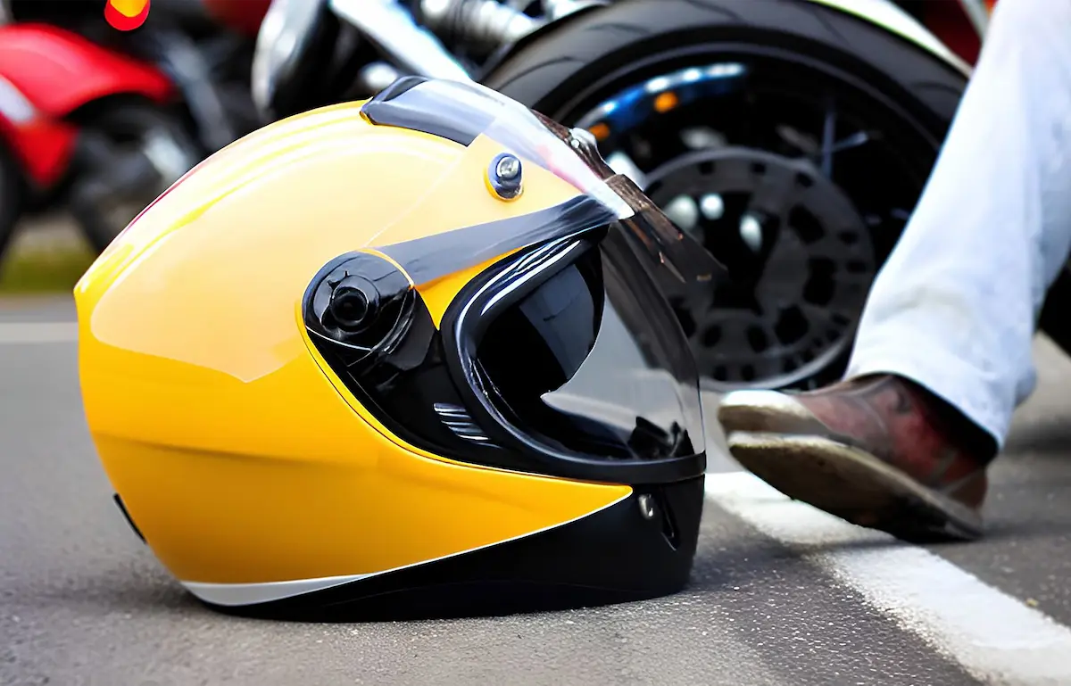 Yellow motorcycle helmet lying on the road pavement near a person's leg and parked motorcycles, possibly depicting the aftermath of an accident