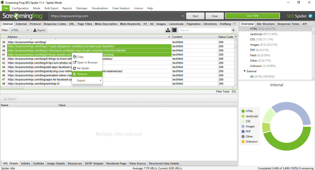 Example of removing URLs from Screaming Frog