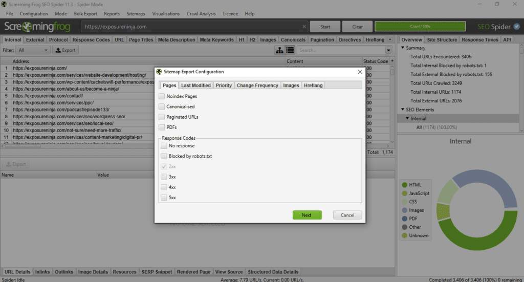 Example of Screaming Frog's Sitemap menu