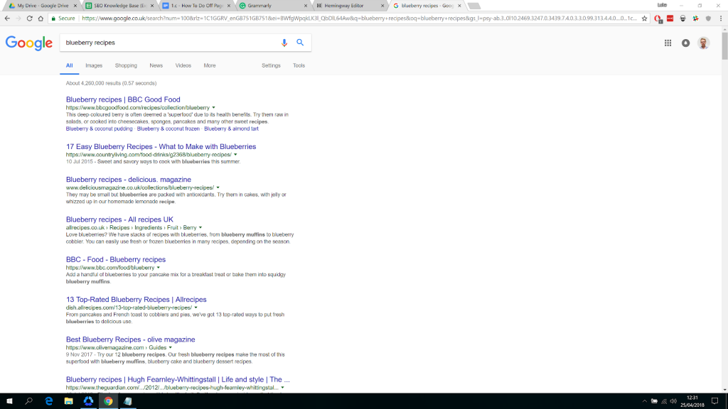 Google search result for blueberry recipes