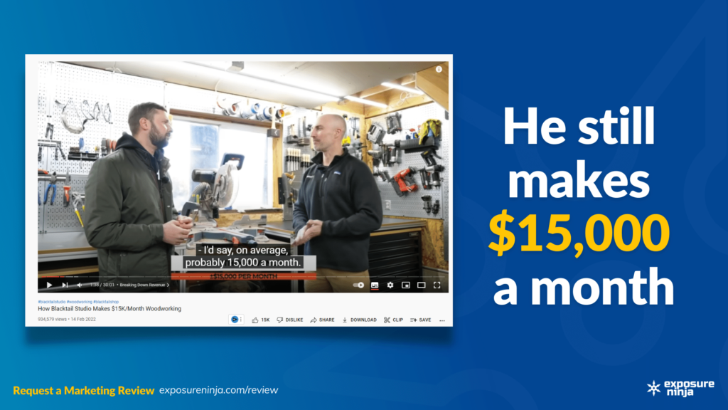 Image with a screenshot of a video on YouTube and the text, "He still makes $15,000" a month.