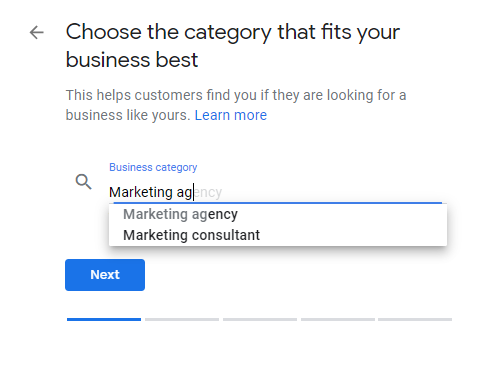 business category entry in gmb