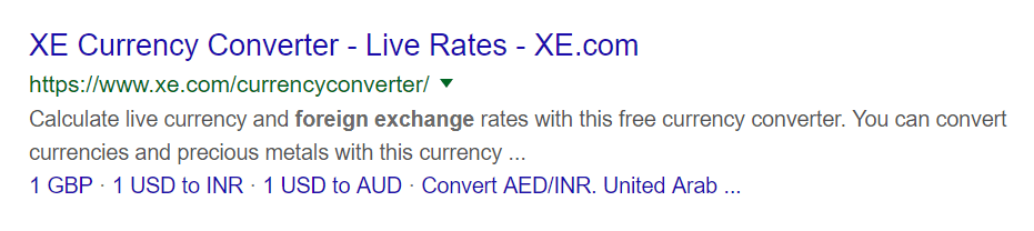 Screenshot of the XE Currency Converter search result.