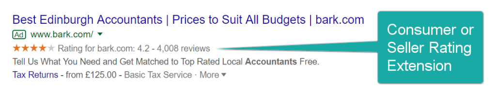 Screenshot of Google Ads' seller rating extension