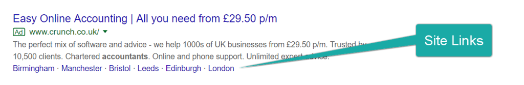 Screenshot of a Google Ads' sitelinks.