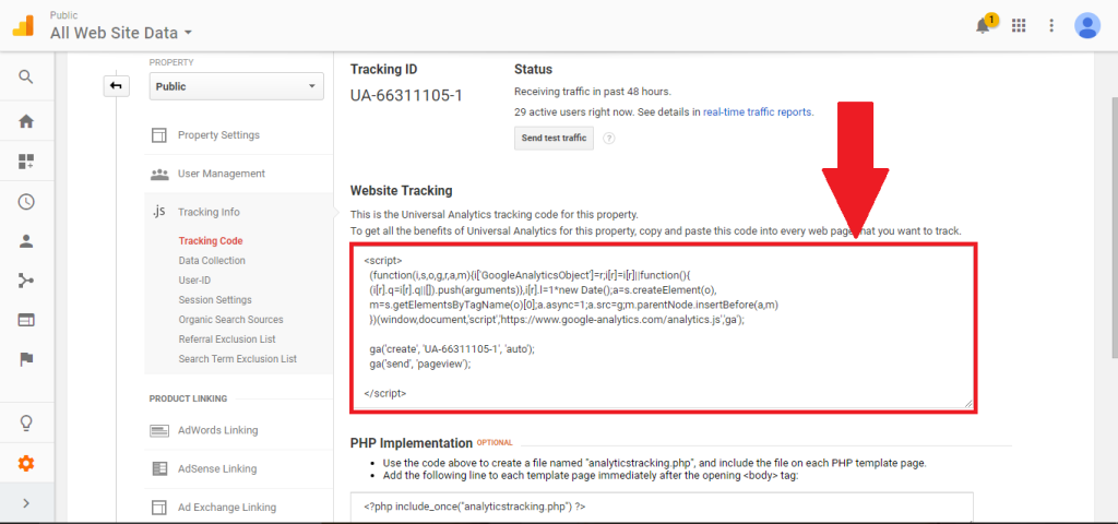 Screenshot of Google Analytics Website Tracking