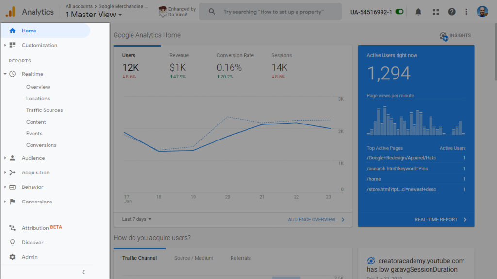 Screenshot of Google Analytics' menu