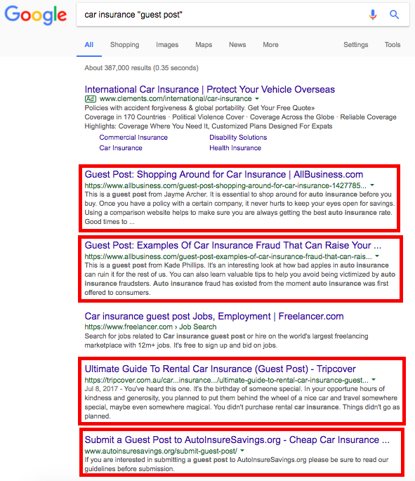 Google search result for car insurance guest post