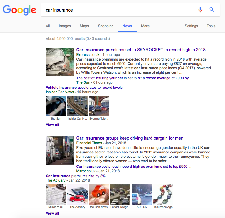 Google search result for car insurance new