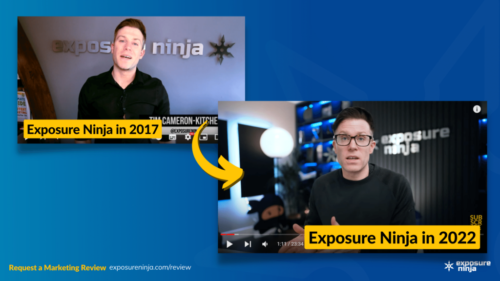 Image showing the difference between Tim Cameron-Kitchen's videos in 2017 and 2022.