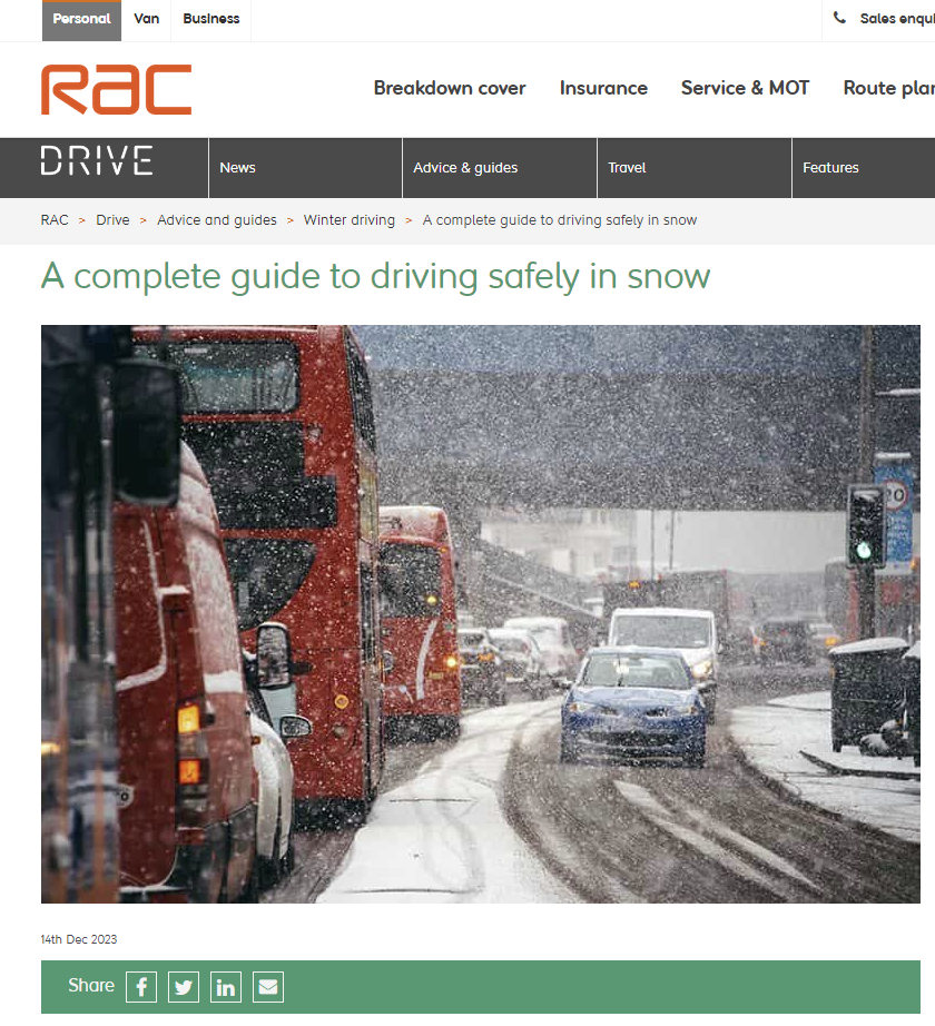 Screenshot of a blog from RAC about driving in winter