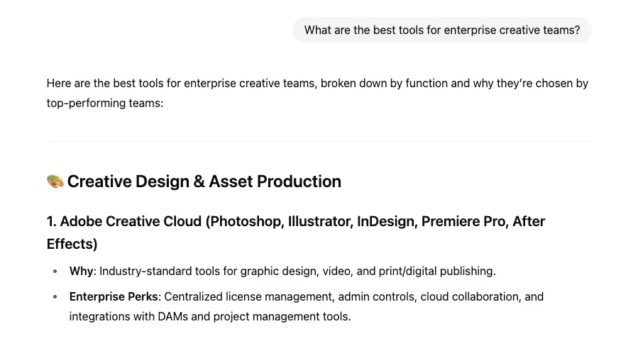 ChatGPT listing Adobe as top recommendation for query "What are the best tools for enterprise creative teams"