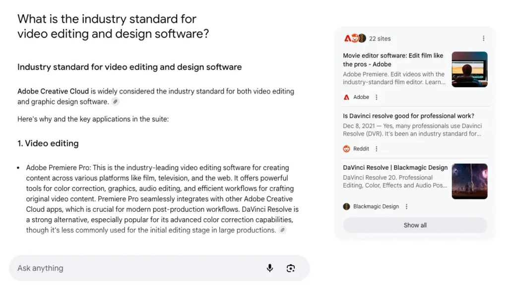 AI Mode listing Adobe as recommendation for query "What is the industry standard for editing and design software"