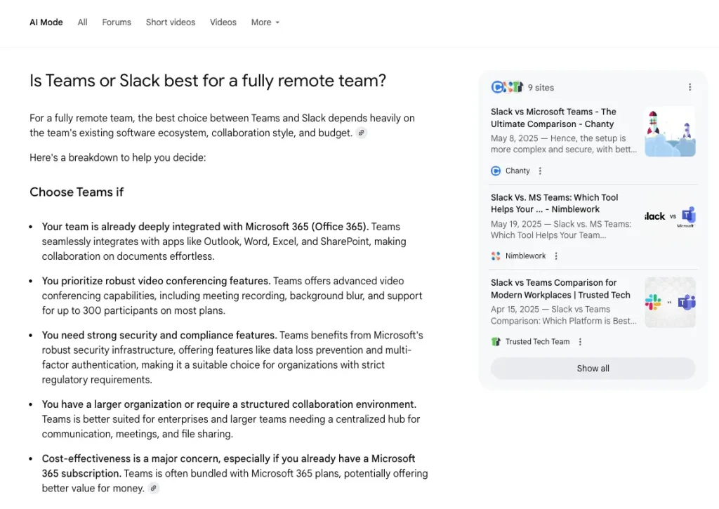 Is Teams or Slack best for a fully remote team query in AI Mode