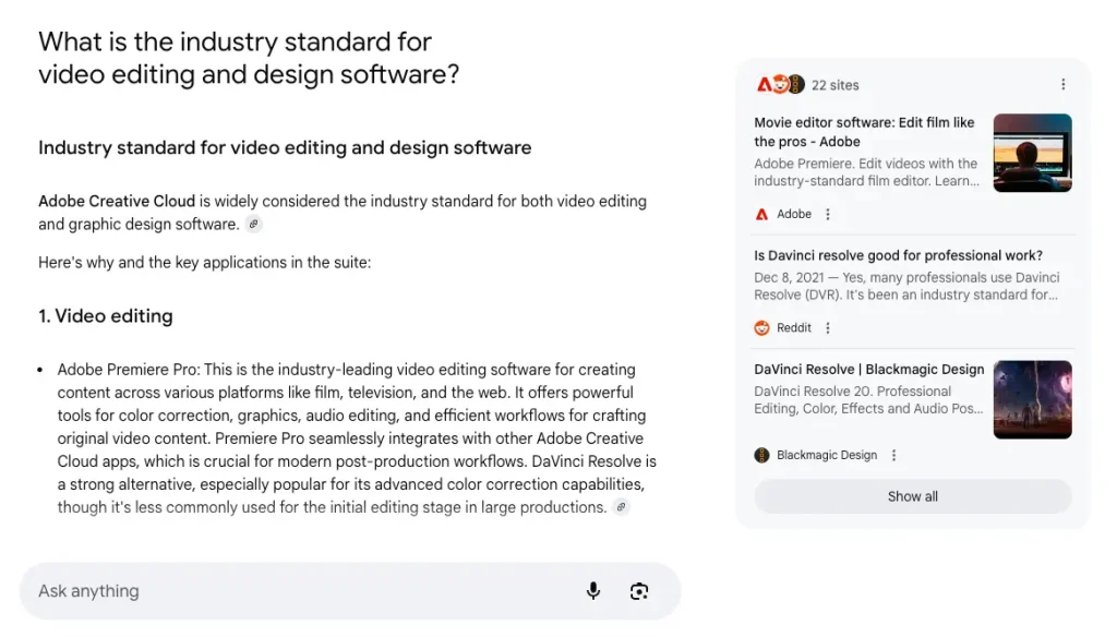AI Mode listing Adobe as recommendation for query "What is the industry standard for editing and design software"