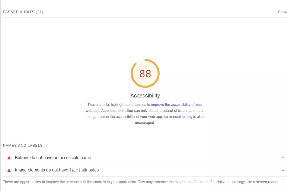 Screenshot of the accessibility data in PageSpeed Insights