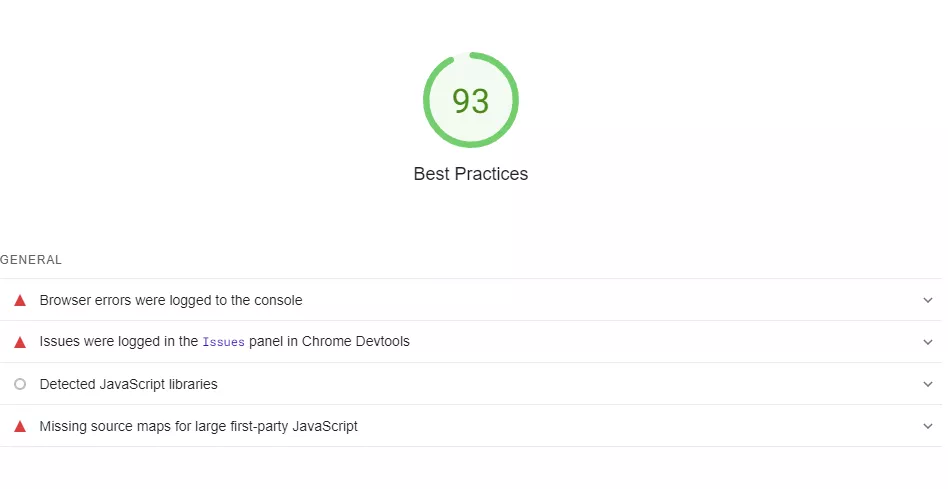 Screenshot of the best practices data in PageSpeed Insights