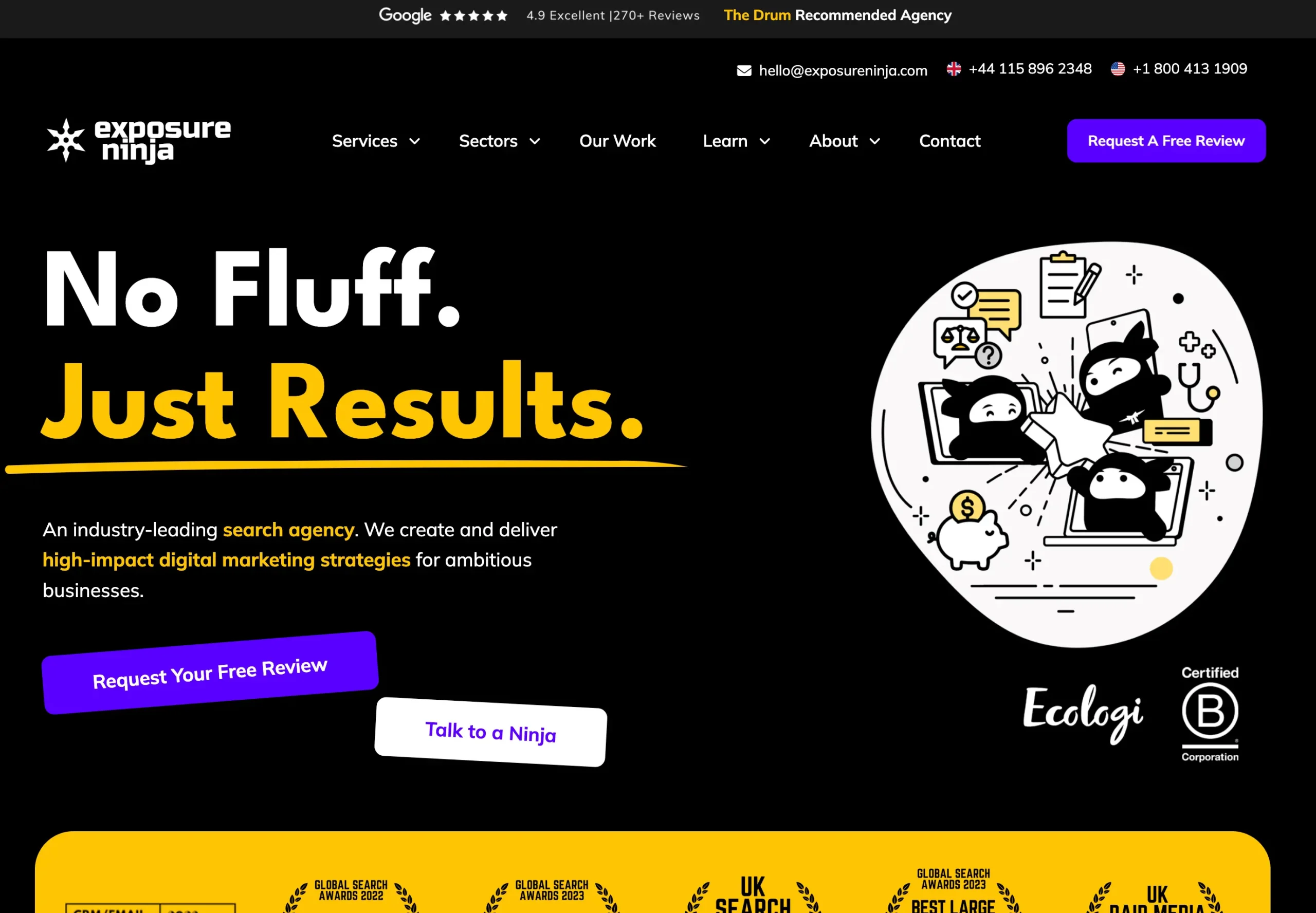 Screenshot of the Exposure Ninja website. There is a cute illustration of 3 ninjas on the right-hand side