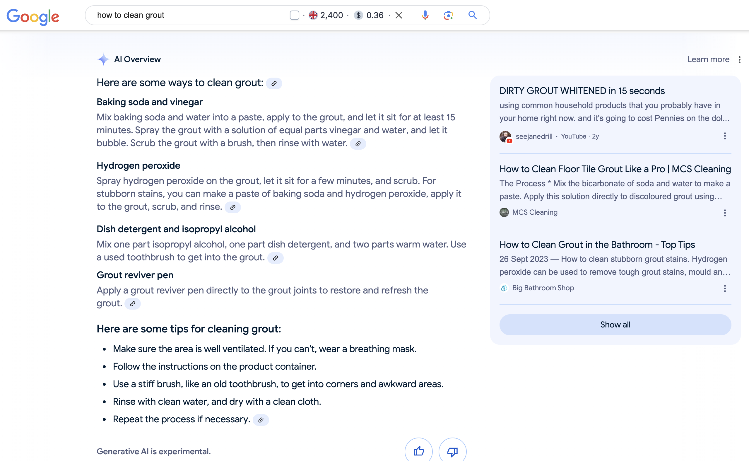 Example of AI Overview for "how to clean grout"