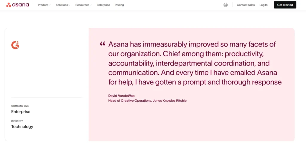 Screenshot of Asana Landing Page focusing on a client's testimonial speaking to how helpful Asana has been for their technology company