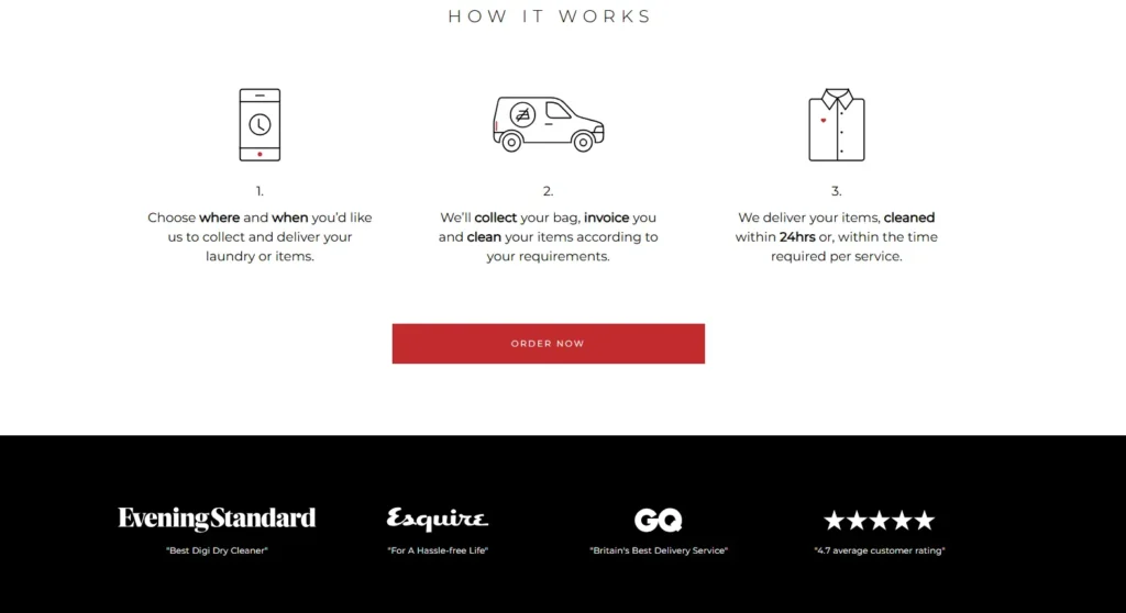 Screenshot of IHateIroning's landing page focusing on the "How It Works" section which includes 3 steps of how they will collect and delivery your clothing