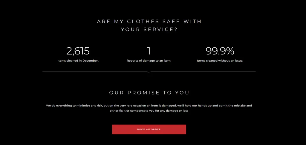 IHateIroning Landing Page screenshot highlighting their objection handling, showing the number of orders in the previous month, the number of issues they had, and the percentage, followed by their promise to fix all issues