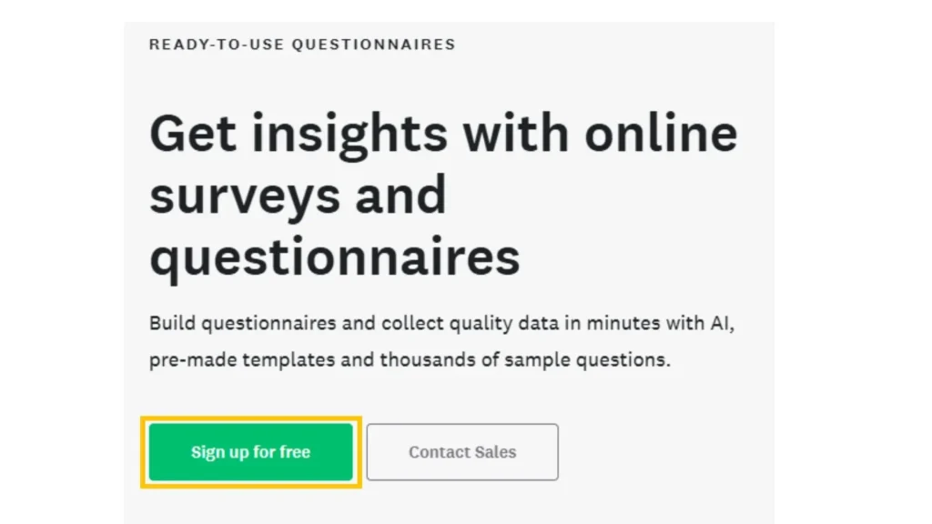 Screenshot of SurveyMonkey's landing page with a yellow box highlighting their primary CTA "sign up for free"