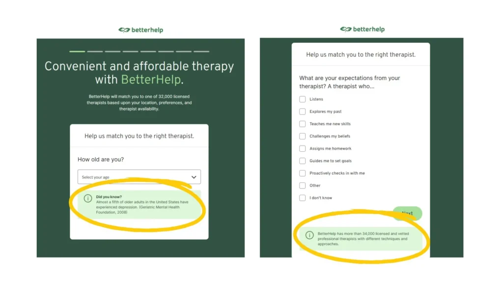 BetterHelp Form screenshots at different stages, with yellow circles highlighting the encouraging information or statistics throughout different steps to keep users engaged