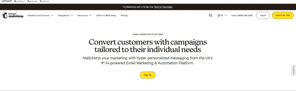 Mailchimp Landing Page screenshot including header copy and CTA button that says Sign Up