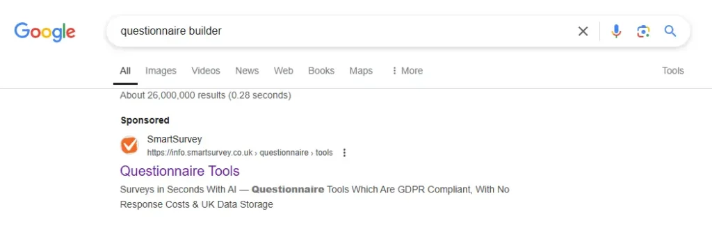 Screenshot of Google search results page to search term "questionnaire builder" and showcasing SmartSurvey's sponsored ad targeting the term "questionnaire tools"