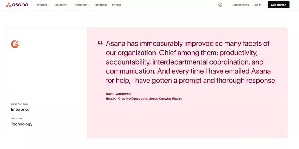 Screenshot of Asana Landing Page focusing on a client's testimonial speaking to how helpful Asana has been for their technology company