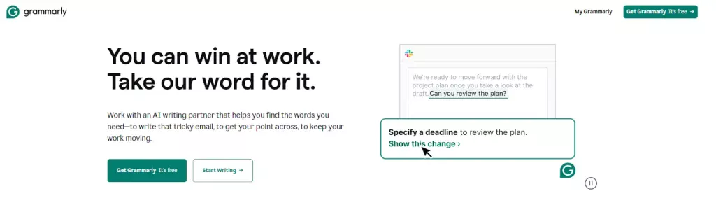 Grammarly Landing Page USP 1 on how using Grammarly at work will help increase the professionalism and accuracy of all work-related communications
