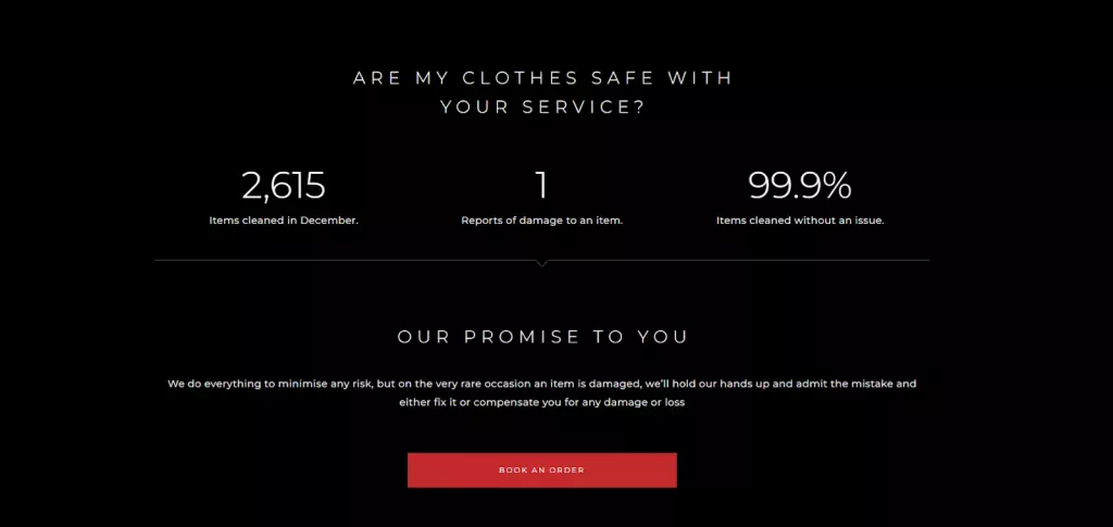 IHateIroning Landing Page screenshot highlighting their objection handling, showing the number of orders in the previous month, the number of issues they had, and the percentage, followed by their promise to fix all issues