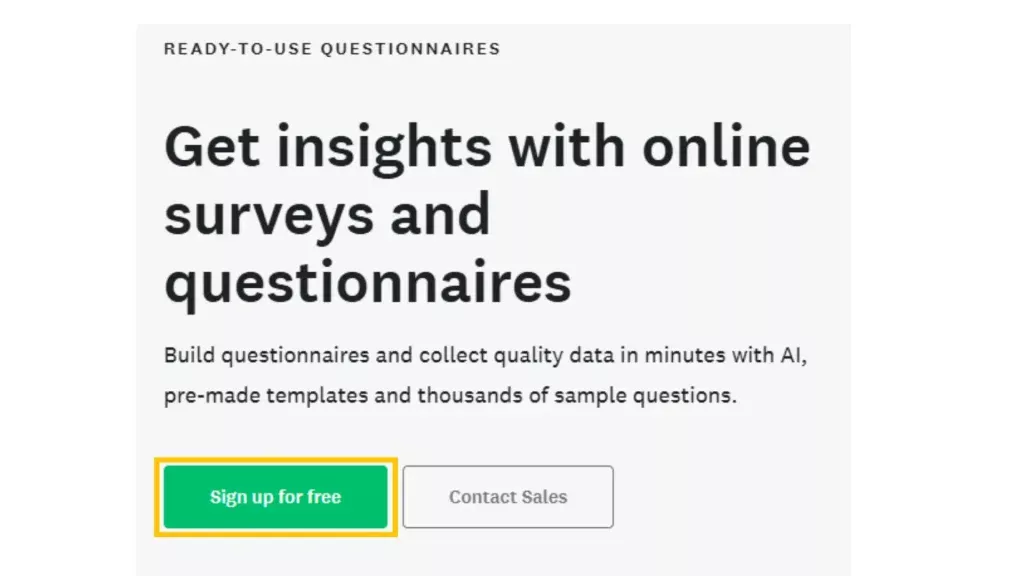 Screenshot of SurveyMonkey's landing page with a yellow box highlighting their primary CTA "sign up for free"