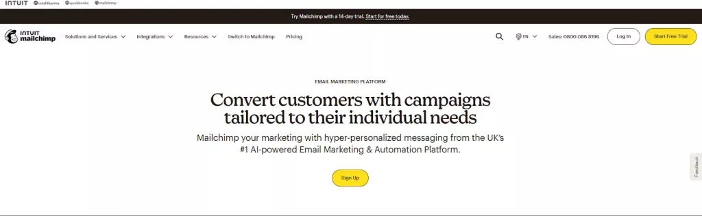 Mailchimp Landing Page screenshot including header copy and CTA button that says Sign Up