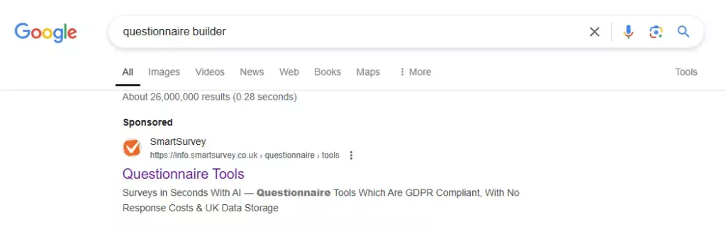 Screenshot of Google search results page to search term "questionnaire builder" and showcasing SmartSurvey's sponsored ad targeting the term "questionnaire tools" 