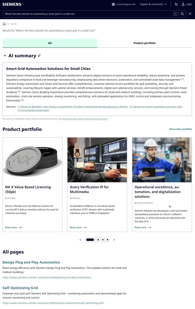 Example of AI Search function on Siemens website for query What’s the best solution for automating a smart grid in a small city?