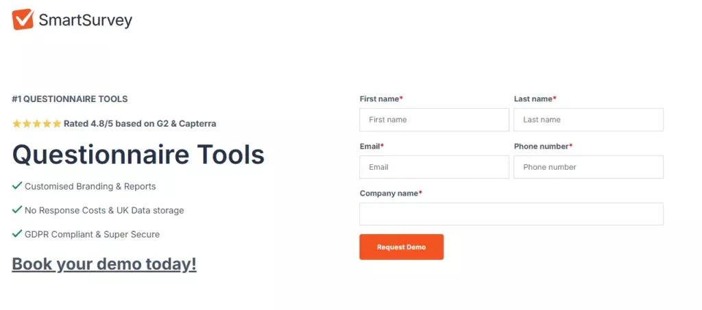 SmartSurvey landing page for their questionnaire tool from the sponsored ad