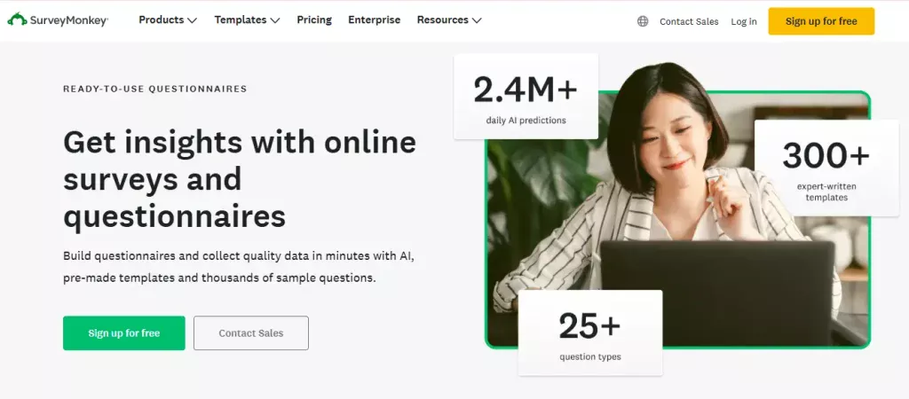 Screenshot of SurveyMonkey landing page for ready-to-use-questionnaires 