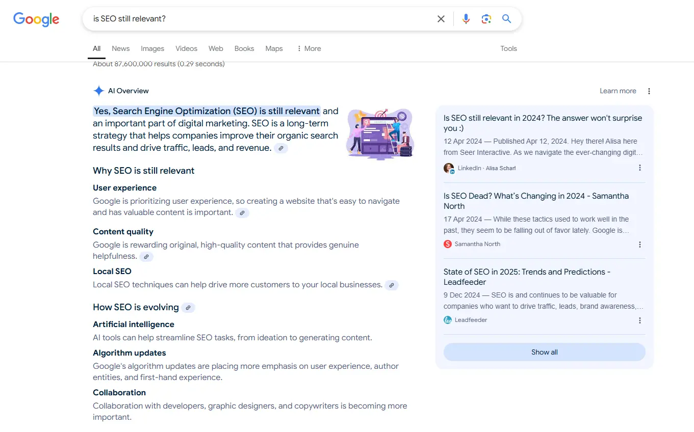 Screenshot of Google's AI Overview to the query "is SEO still relevant" showing a concise answer, a bullet list, and link cards to the websites it parsed for information