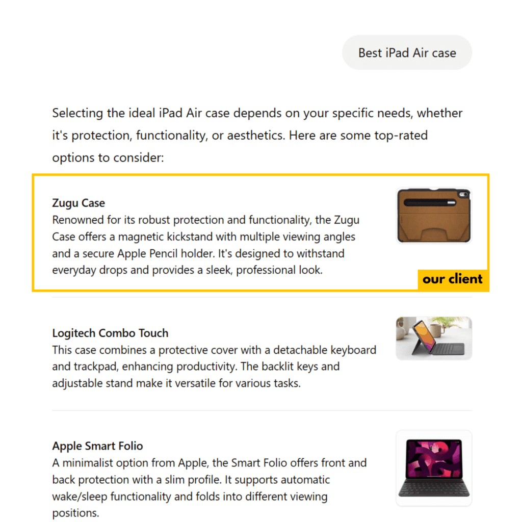 A ChatGPT-generated response listing top iPad Air cases. The Zugu Case is highlighted with a brown case image, description, and a yellow "our client" label.