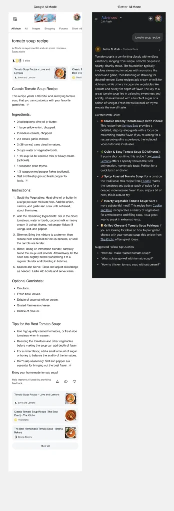 Split screen comparing Google AI Mode and Better AI Mode results for a tomato soup recipe search.