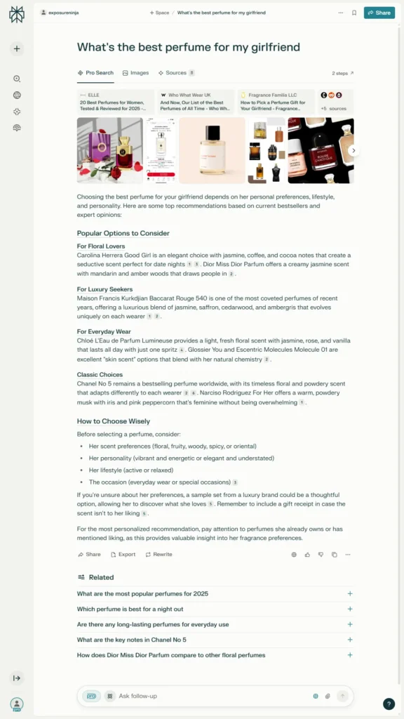Perplexity AI page showing perfume gift suggestions for a girlfriend, with bestseller links and expert tips.