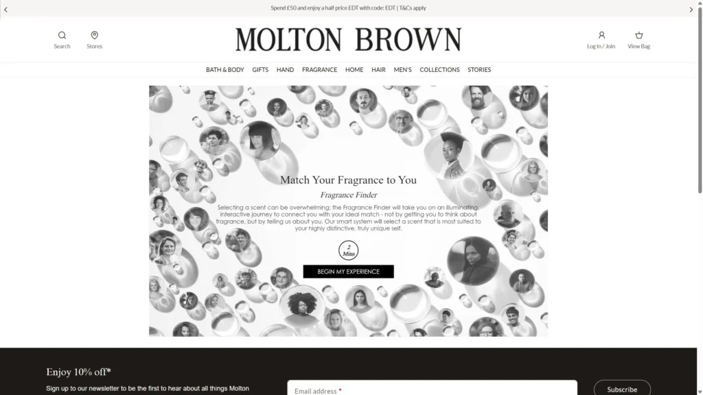 Molton Brown fragrance finder page with floating portraits and a “Begin My Experience” button below intro text.