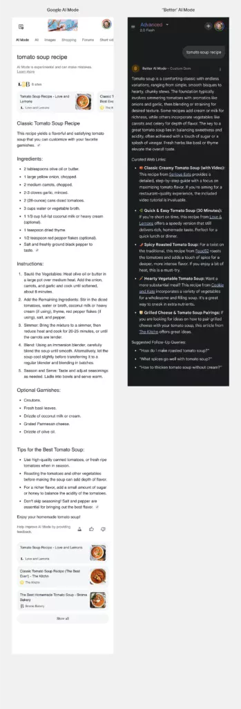 Split screen comparing Google AI Mode and Better AI Mode results for a tomato soup recipe search.