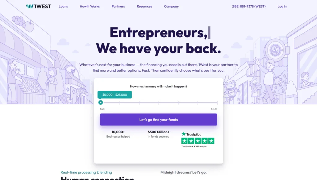 1West homepage with “Entrepreneurs, we have your back” headline, funding slider, and cartoon storefronts.