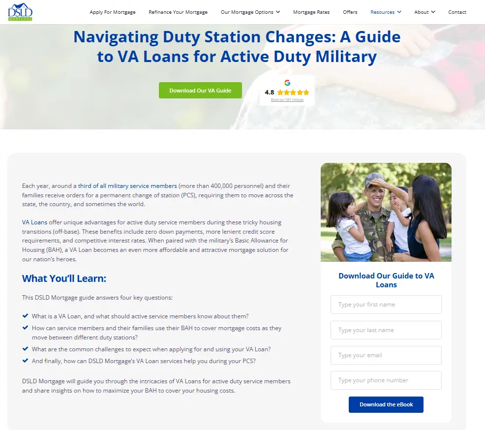 Screenshot of DSLD Mortgage downloadable guide on Navigating Duty Station Changes: A Guide to VA Loans for Active Duty Military