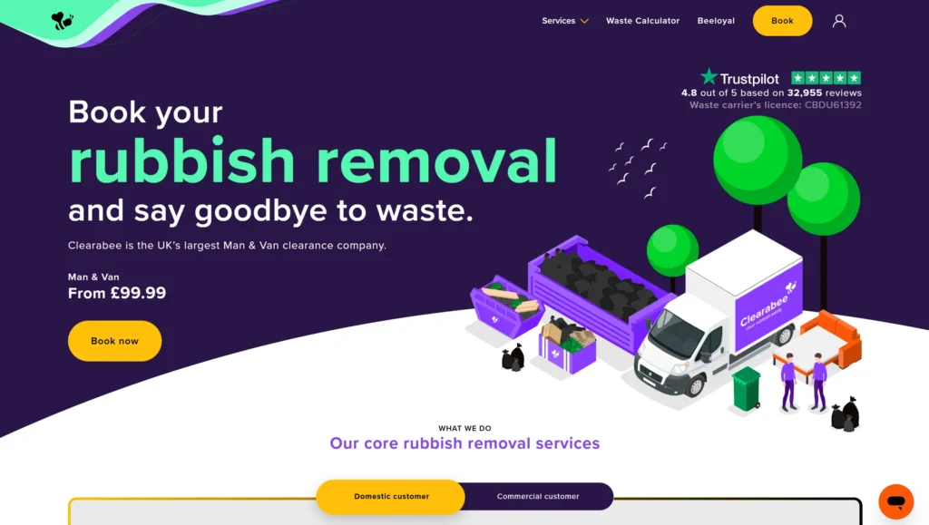 Clearabee homepage offering rubbish removal from £99.99, with booking button and illustrated van and waste.