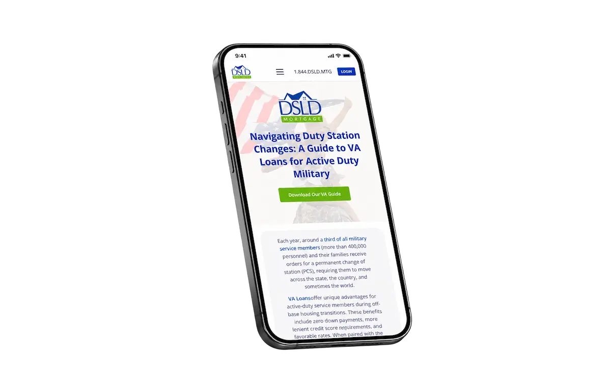 Smartphone displaying the DSLD Mortgage website with an article titled "Navigating Duty Station Changes: A Guide to VA Loans for Active Duty Military" and a "Download Our VA Guide" button